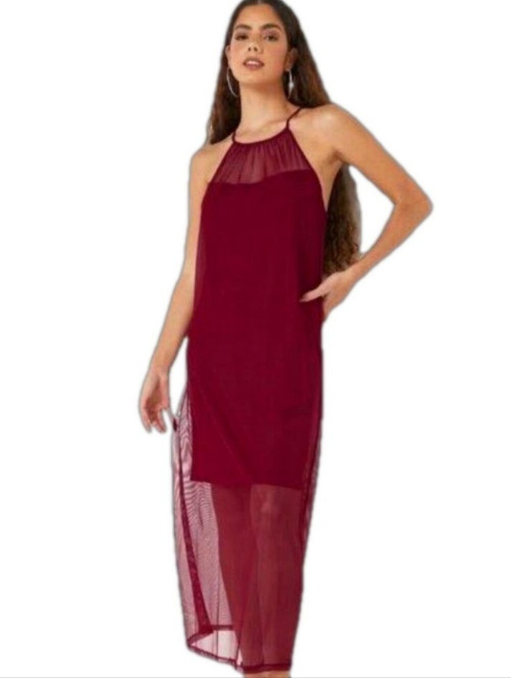 DKNY Sheer-Panel Maxi Dress in Burgundy Wine Size Medium